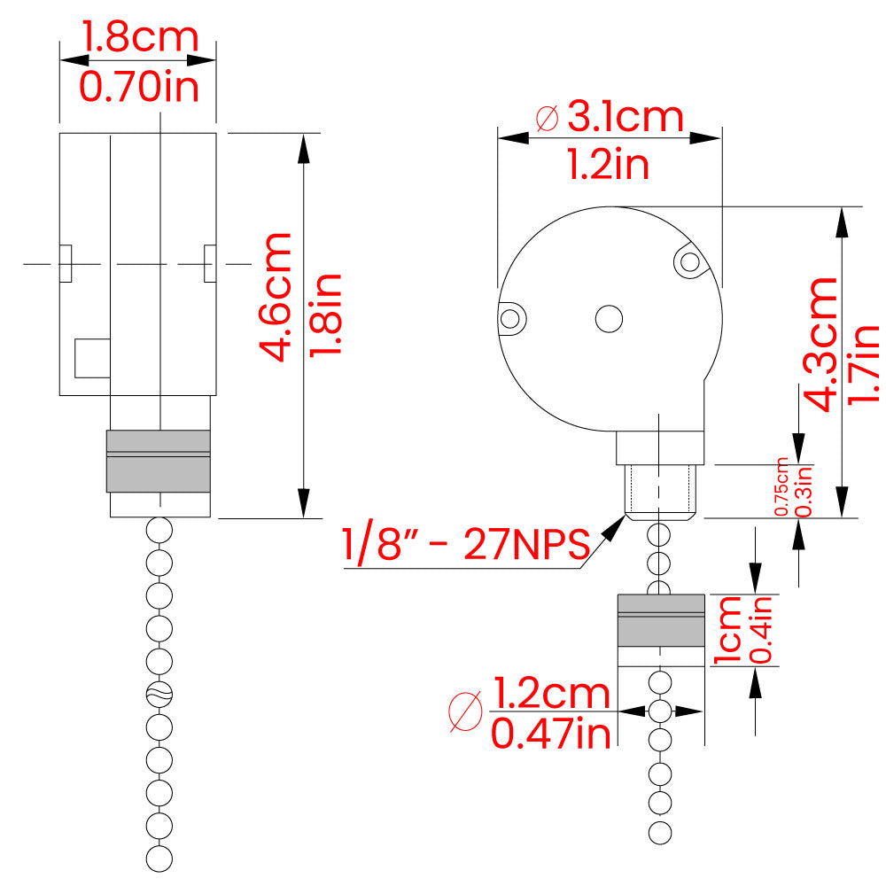Zing Ear ZE-228S 2 speed fan switch - dimensions